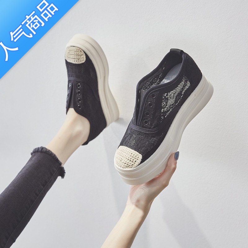 SUNTEK渔夫鞋女厚底2023夏新款内增高女鞋一脚蹬网鞋松糕单鞋透气乐福底高清大图