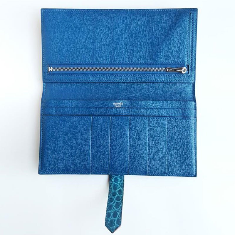 正品二手9成新 爱马仕 Hermes Bearn系列女士蓝色鳄鱼皮钱夹卡包手拿包正品钱包报价 参数 图片 视频 怎么样 问答 苏宁易购