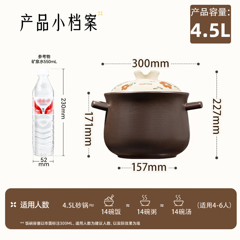 苏泊尔(SUPOR) 砂锅陶瓷煲大容量4.5L汤炖锅煲汤海鲜粥养生煲仔饭燃气灶TB45A3高清大图