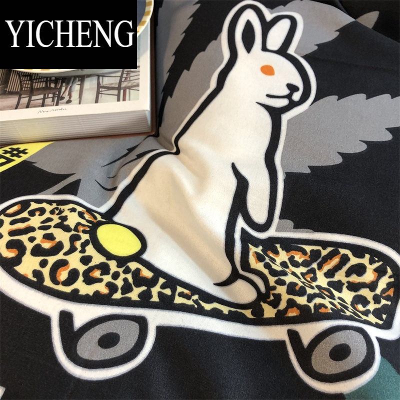 YICHENG潮酷滑板兔床上四件套ins枫叶深色耐脏床单被套男生1.5m1.8米床品