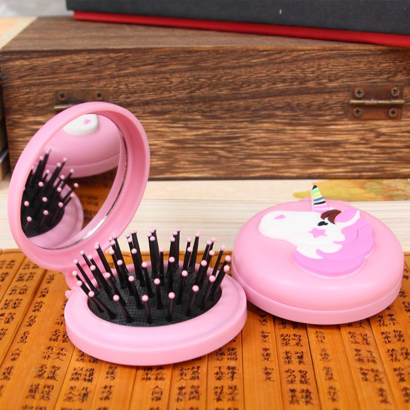 折叠梳子翻盖式气囊梳镜小巧可爱随身少女心梳子旅行 方形 粉色1个 不