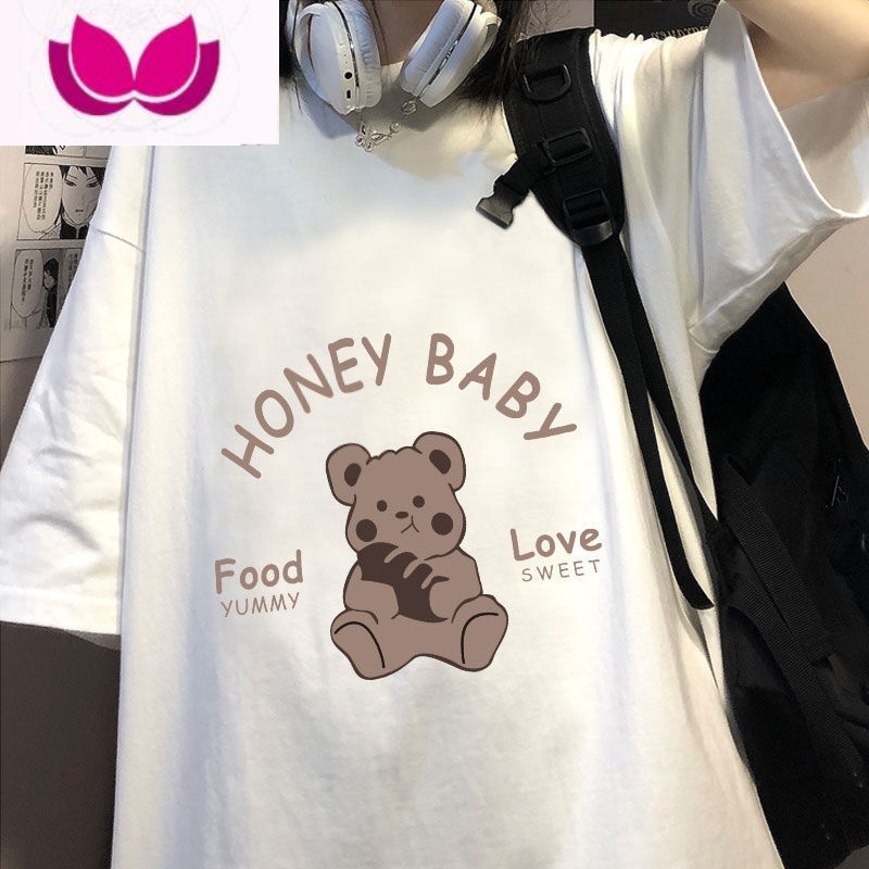 七斓少女15岁初中学生T恤夏季13女孩洋气阔腿裤14宽松韩版运动套装16 白色BABY熊上衣100棉/单件 S