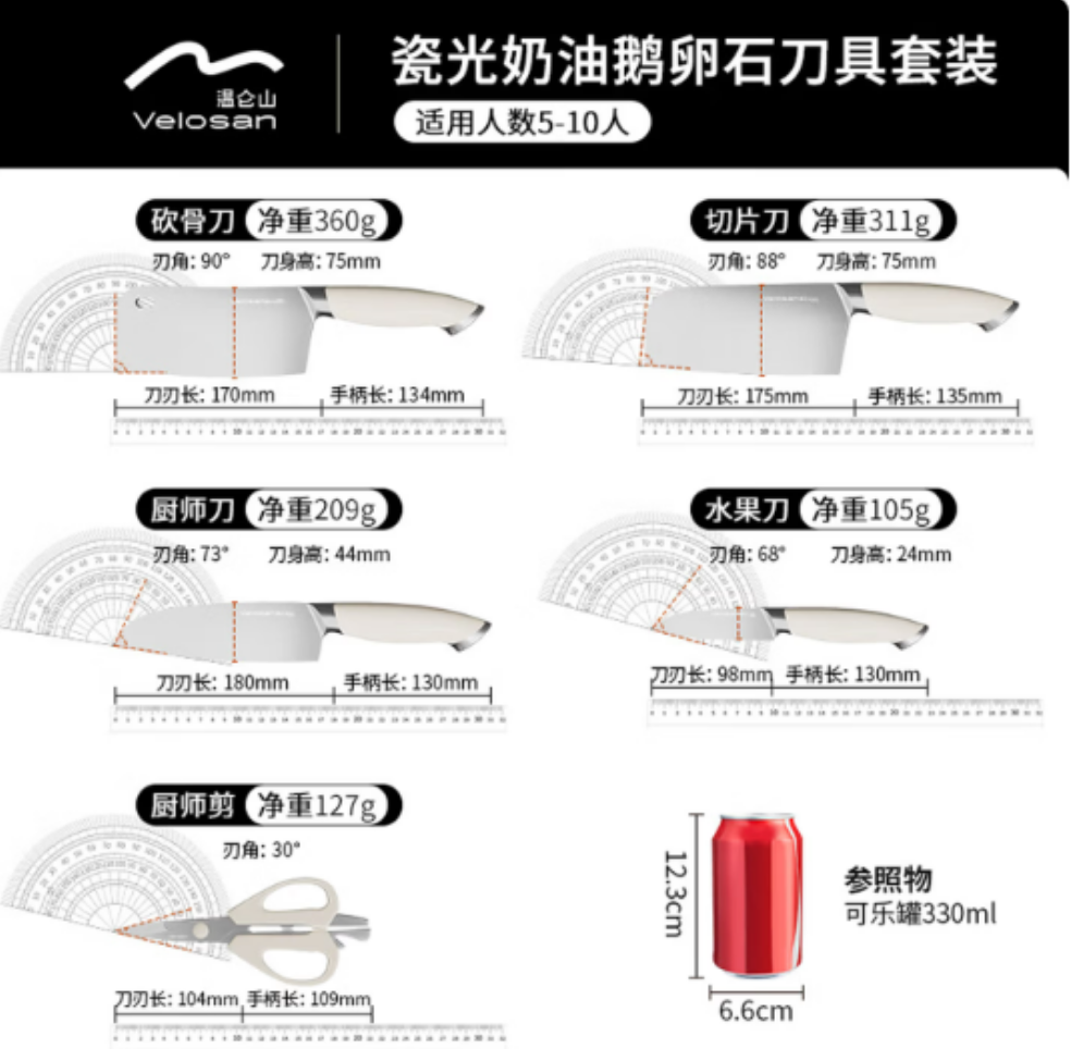 温仑山Velosan瓷光奶油鹅卵石刀具套装VE075锋利耐用轻松切割安全握柄设计高清大图