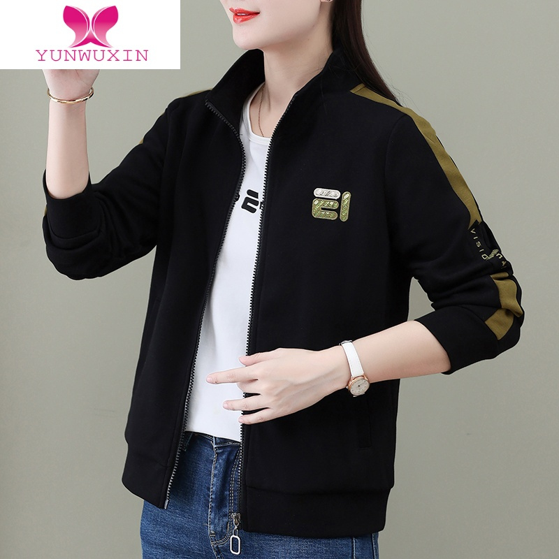 YUNWUXIN拉链开衫卫衣女薄款2022年新款秋季女装黑色上衣立领女士外套