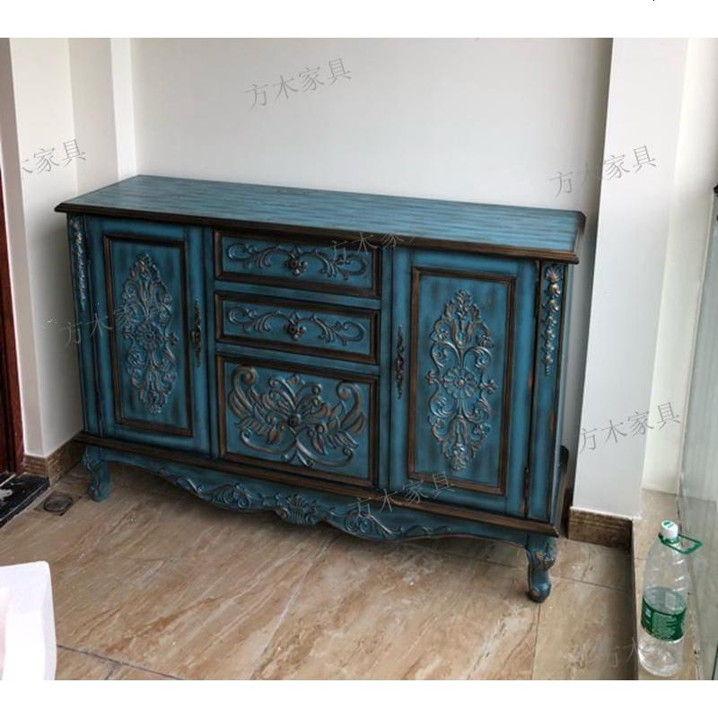 欧式餐边柜实木美式乡村鞋柜复古玄关柜子雕花描金厅备餐柜家具 蓝色1.4米_双_