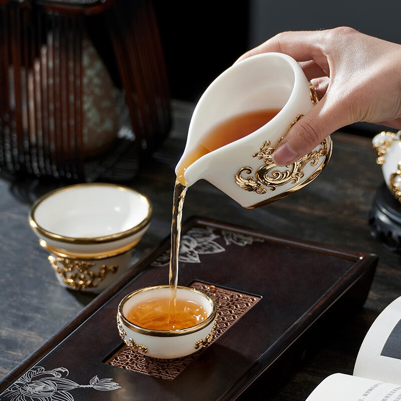 金镶玉 福星高照金镶玉羊脂玉瓷 羊脂玉瓷功夫茶具套装 手工陶瓷家用茶壶茶杯公道杯整套礼盒装高清大图