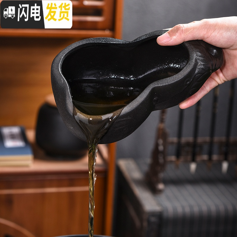 三维工匠复古黑陶石磨茶具茶盘套装陶瓷家用排水式也可储水简约干泡台茶盘 小号石磨+汝窑1壶4杯套装