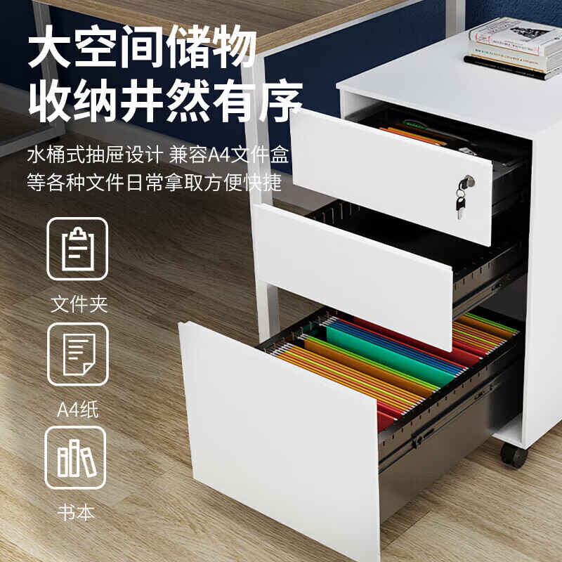 锦北桌下活动柜铁皮文件柜可移动矮柜办公室储物柜床头柜白色鹅颈拉手高清大图