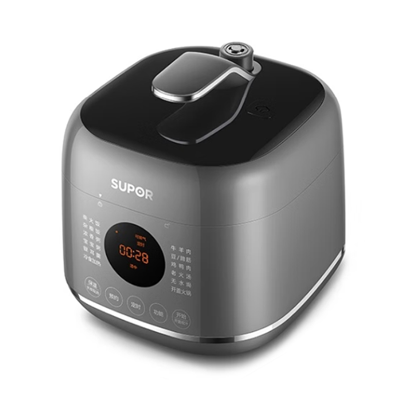 苏泊尔方形电压力锅2.3L灰触摸控制2-4人四位数码显示球釜白陶晶内胆