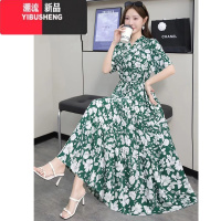 YIBUSHENG季宽松大码碎花棉绸连衣裙衬衫长款系带复古V领遮肉显瘦人造带 均码建议80-160斤 81墨绿底
