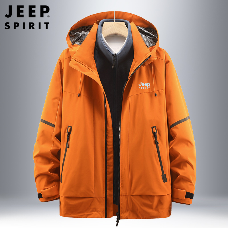 吉普男士冲锋夹克户外工装加厚三合一上衣防风宽松大码保暖品质外套