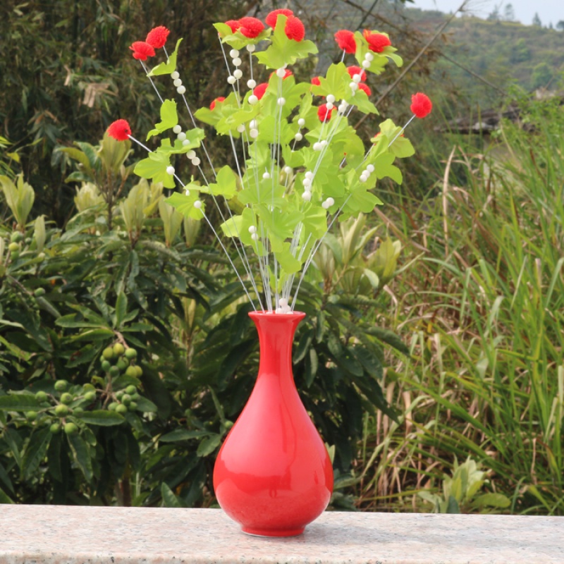 陶瓷花瓶摆件中国红客厅干花插湿花器餐桌中式红色小花器创意 三维工匠 B款高清大图