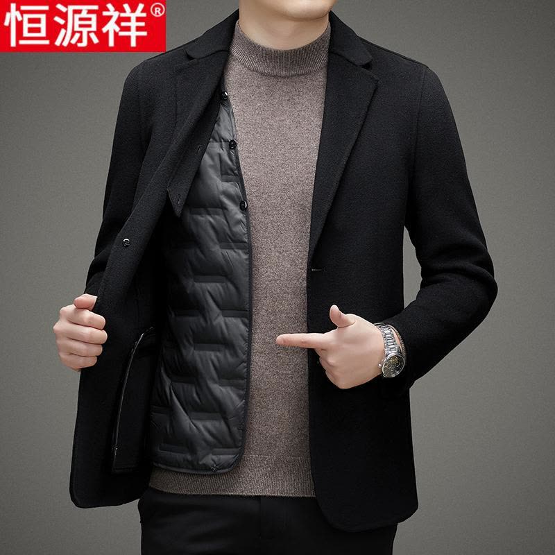 恒源祥双面呢秋冬羽绒内胆羊毛西服男外套呢子短款小西装毛呢大衣图片