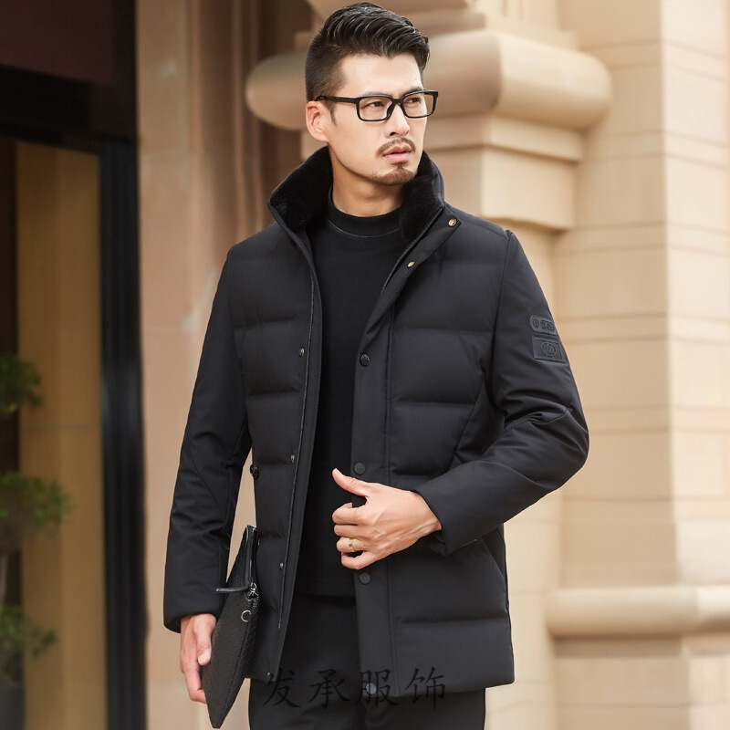 专柜特卖vogue男装休闲商务羽绒服男中长款立领可脱卸毛领男士羽绒衣