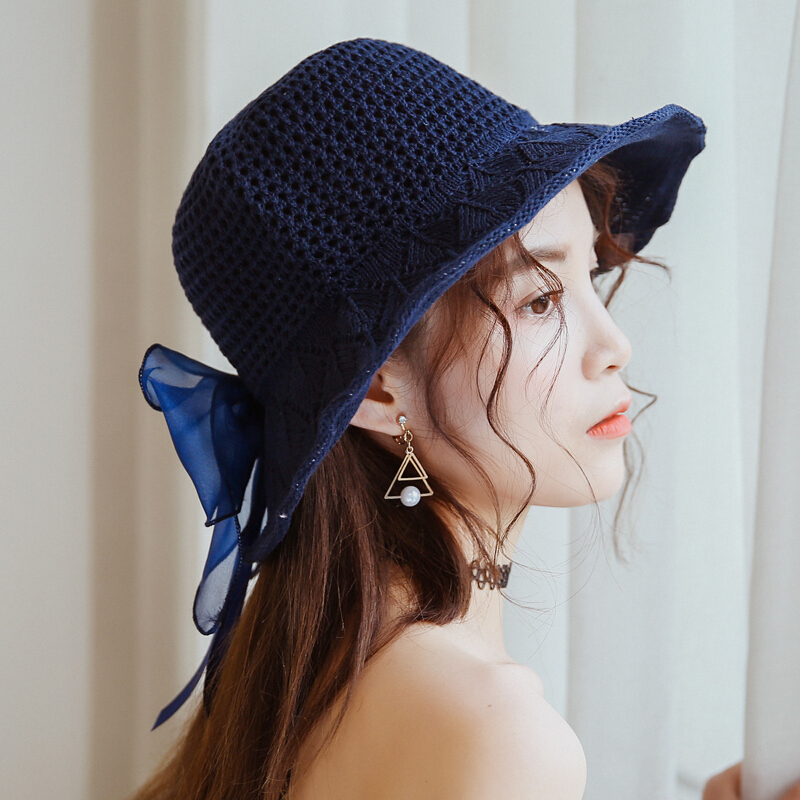 怡品堂帽子防晒韩版绸缎大蝴蝶结棉麻遮阳帽子女夏沙滩大檐帽可折叠太阳帽藏青色蝴蝶盆帽m 56 58cm 价格图片品牌报价 苏宁易购盛夏怡品堂专营店