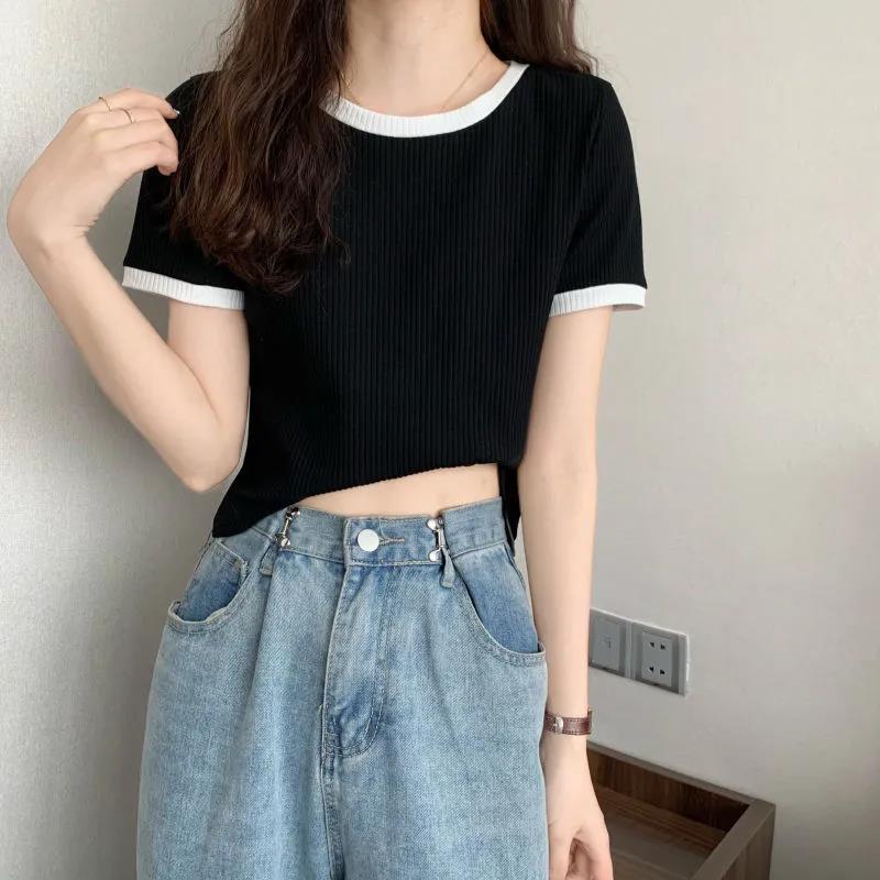2022夏季新款韩版圆领简约百搭修身显瘦洋气上衣短袖t恤女设计感莎丞