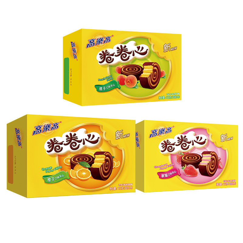 高乐高卷卷心草莓桃子橙子口味28g4枚3盒办公室点心西式夹心蛋糕336g