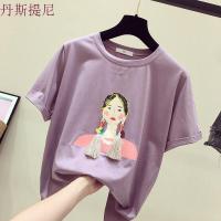 T恤女短袖韩范2018夏装新款百搭宽松印花流苏半袖体恤学生上衣潮粉色均码