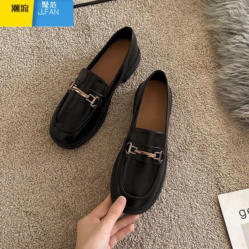 聚范单鞋女2024新款女鞋英伦风小皮鞋黑色平底乐福鞋jk豆豆鞋子图片