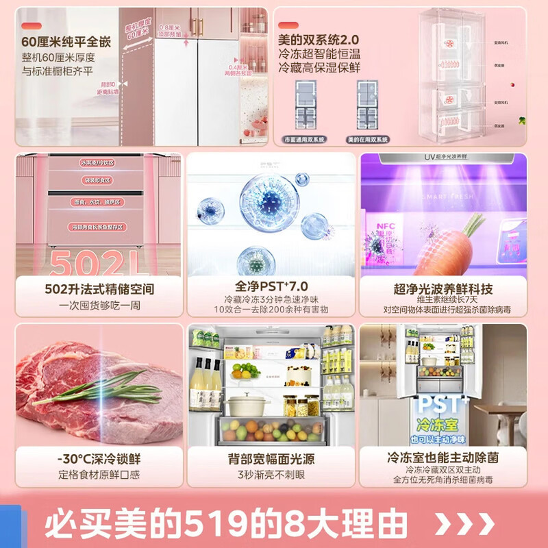 [自营]美的法式对开门四开门519可爱多502升大容量双系统60cm超薄零嵌入式一级能效风冷无霜家用电冰箱高清大图