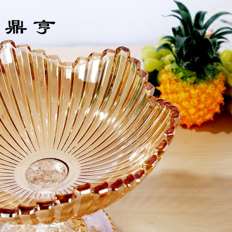 鼎亨欧式玻璃高脚水果盘现代创意客厅摆件大号家用透明茶几果盘