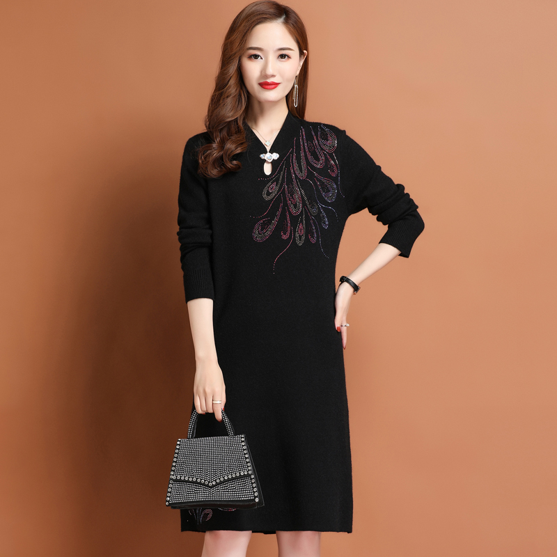 加厚新中式国风改良旗袍包臀长裙子女春秋大码收腰针织打底羊绒连衣裙红色旗袍裙气质长款复古高级感敬酒服连衣裙高清大图