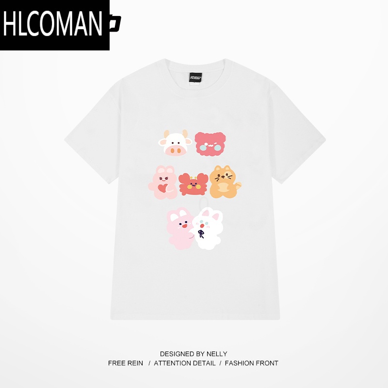HLCOMANNELY可爱卡通小动物印花宽松短袖t恤男女夏季2025上衣