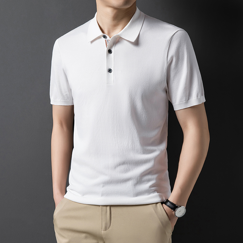 夏季休闲男士翻领纯色针织短袖t恤衫潮流韩版男装修身半袖polo衫 白色 175/L
