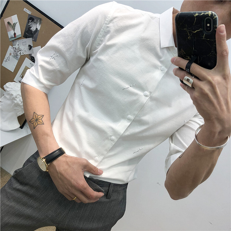 夏季韩版修身印花中袖衬衣男chic韩风白衬衫理师五分袖衬衫男
