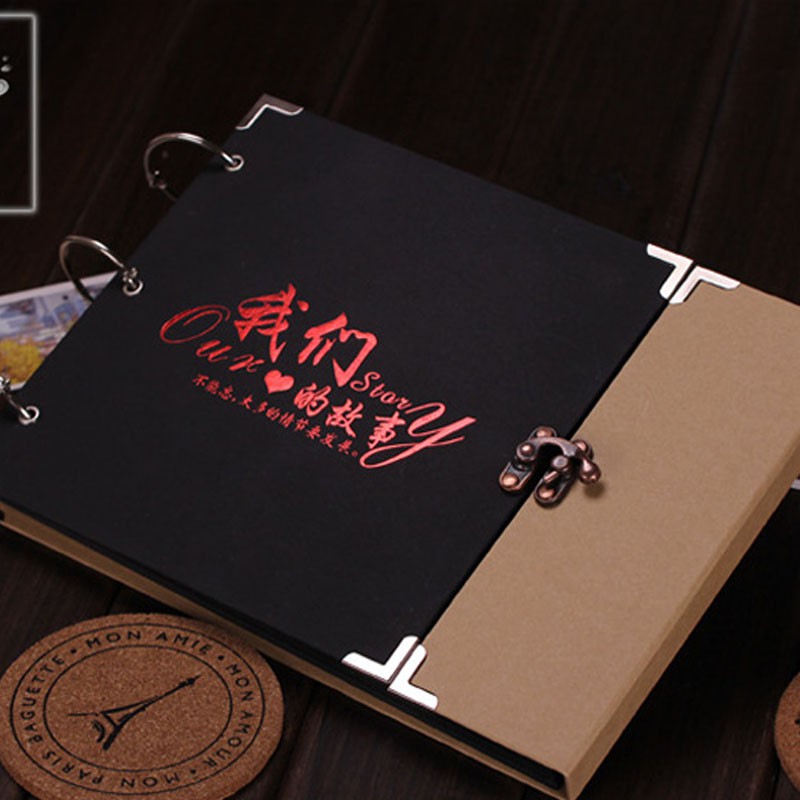 纽扣手工diy相册粘贴式影集相薄 创意浪漫情侣纪念册生日 三维工匠 纽扣【黑色双心】送礼包
