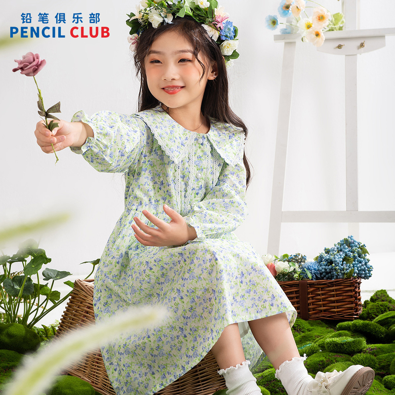 [1件3.5折]铅笔俱乐部2025年春装新品女童连衣裙儿童碎花裙子中大童长袖甜美