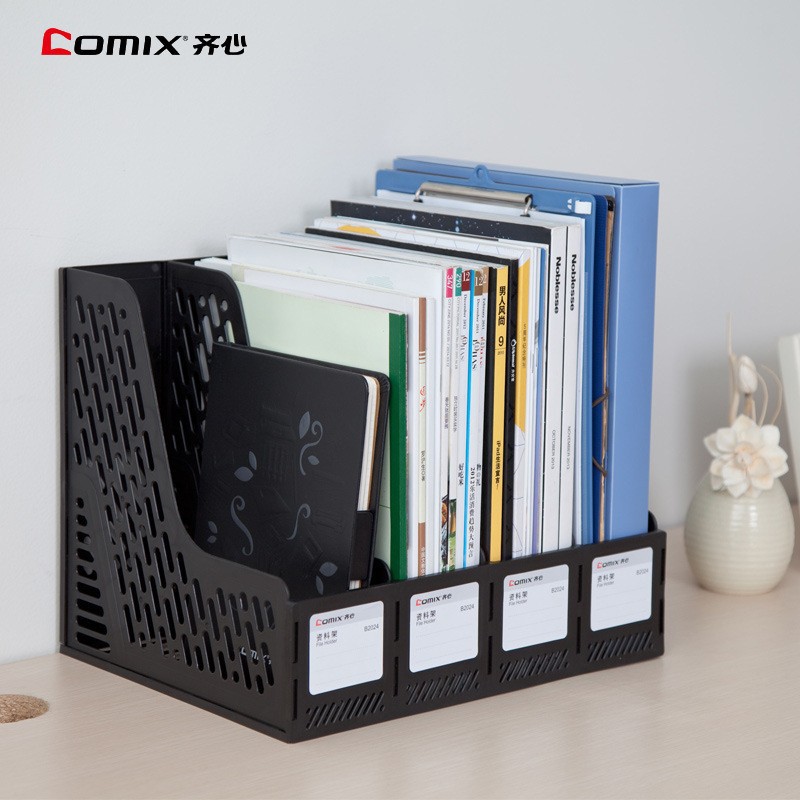 齐心(Comix)四联桌面文件框 四栏带标签稳固耐用文件栏/文件筐/资料框办公用品灰色B2174