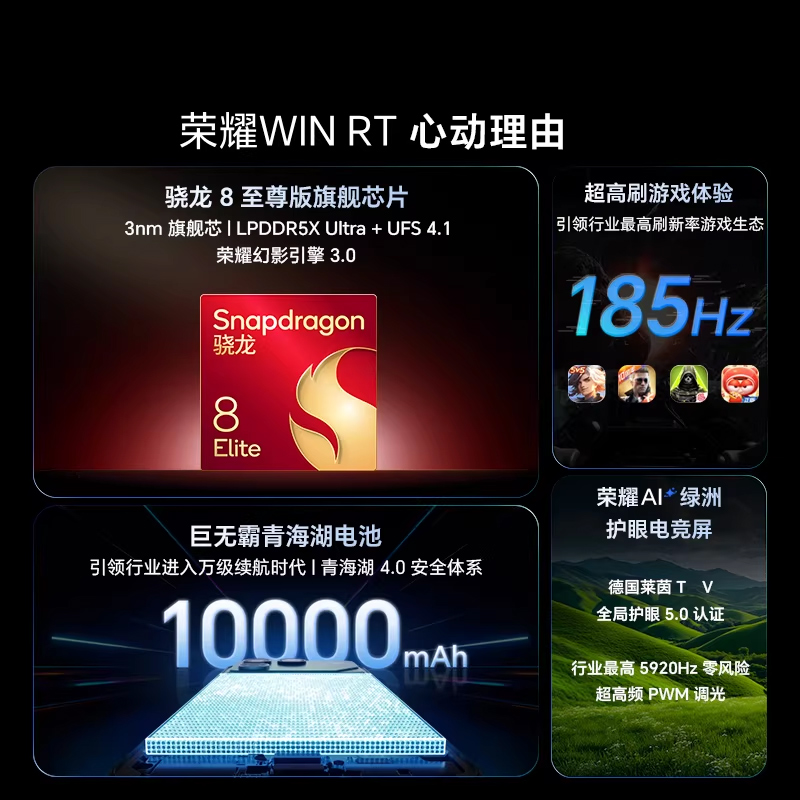 荣耀WIN RT 12GB+512GB快开黑 5G智能手机 10000mAh青海湖电池 185Hz超高刷 骁龙8至尊版高清大图