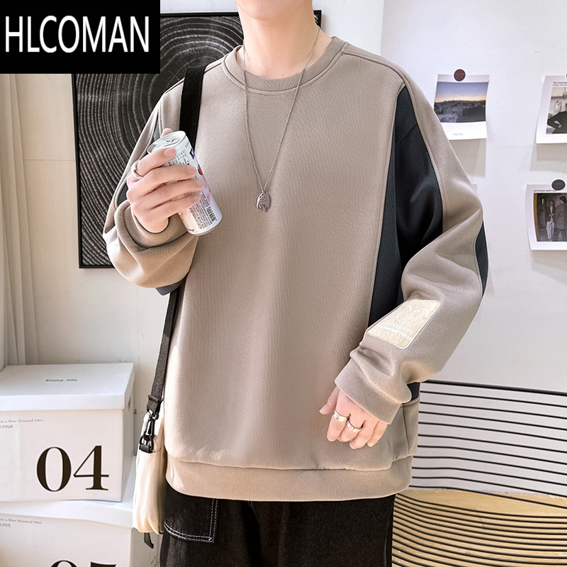 HLCOMAN男士卫衣2024新款青少年加绒小众长袖t恤设计感宽松上衣服