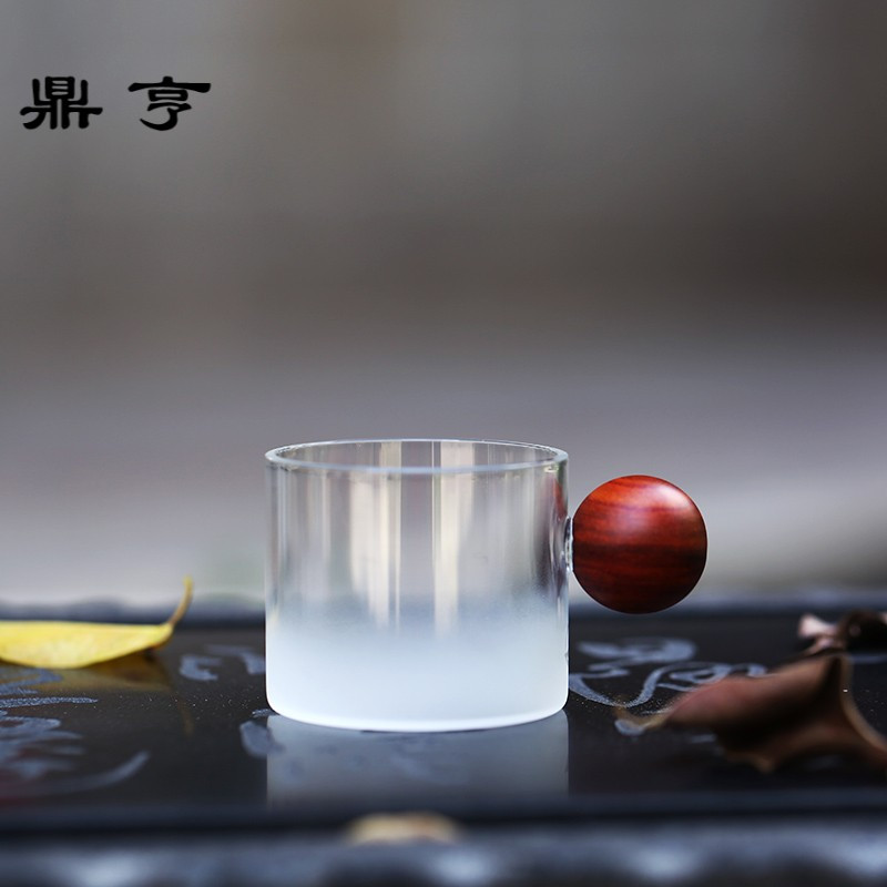 鼎亨手工耐热玻璃杯品茗杯半喷雾磨砂小茶杯圆月杯实木主人杯功夫