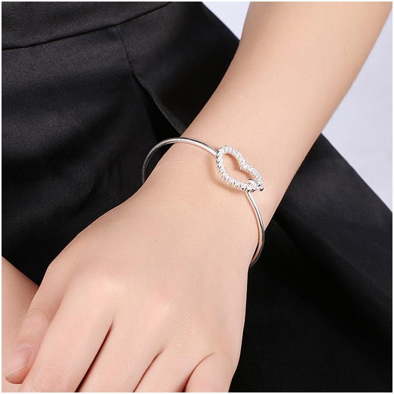 B253Women Silver Bracelet女生饰品心形情侣细手镯镀925纯银复古送女朋友七夕情人节礼物