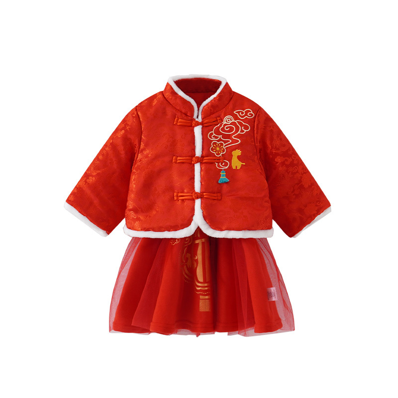 童泰(TONGTAI)2021年款秋冬1-4岁婴幼儿女宝宝时尚加棉裙新年装立领套裙儿童两件套