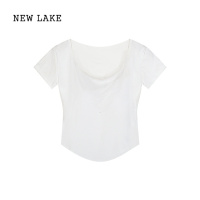 newlake纯欲风方领短袖白色t恤女夏季新款辣妹性感紧身显瘦不规则t恤