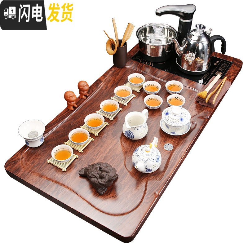 三维工匠实木茶盘一体全自动茶具套装家用整套紫砂功夫喝茶道托盘茶台茶海 06行云流水+浮雕冰裂高清大图