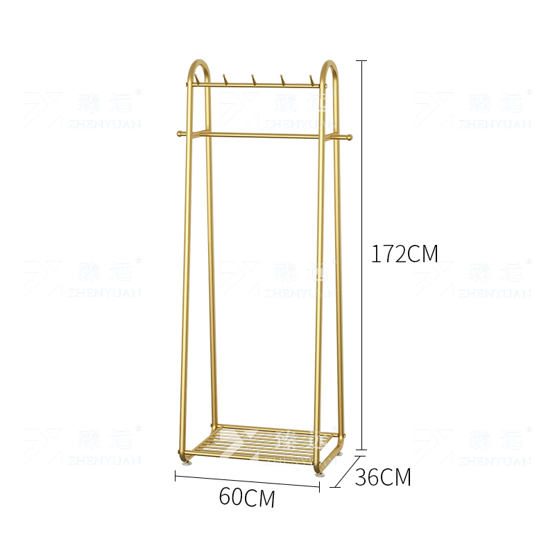 臻远 ZY4080142简约铁艺衣帽架落地衣架多功能挂衣服架子 金色60高清大图