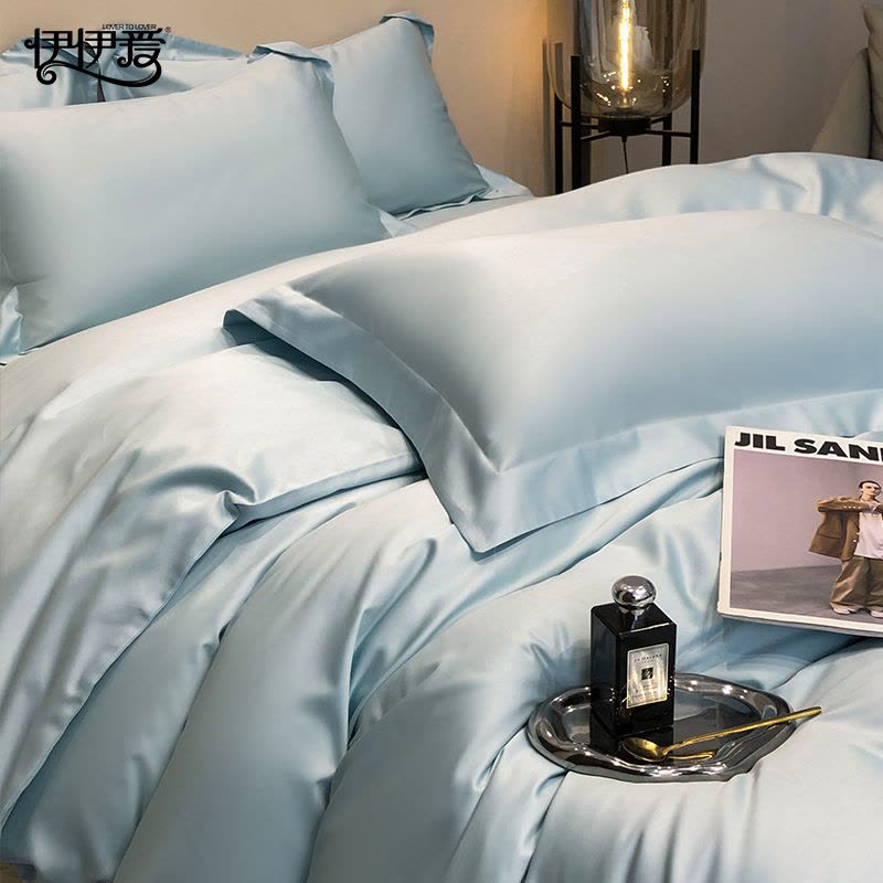伊伊爱 贡缎60长绒棉简尚海上蓝四件套图片