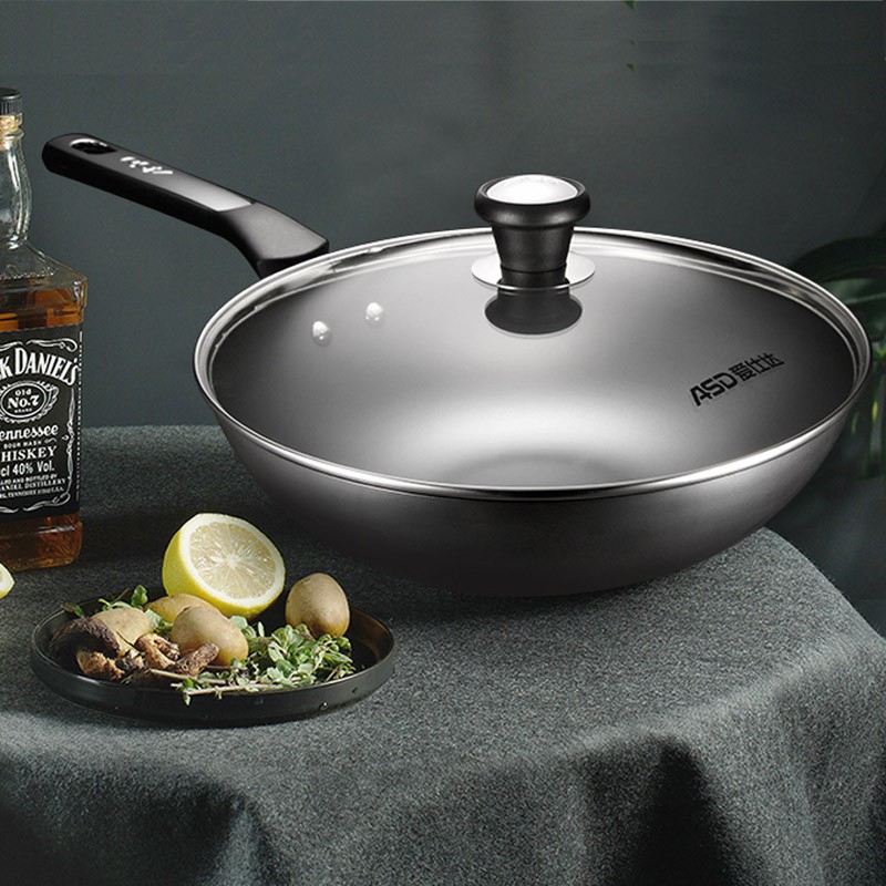 30cm有锅盖cf30j4wg爱仕达asd精铁炒锅老式大熟铁锅子无涂层小圆底