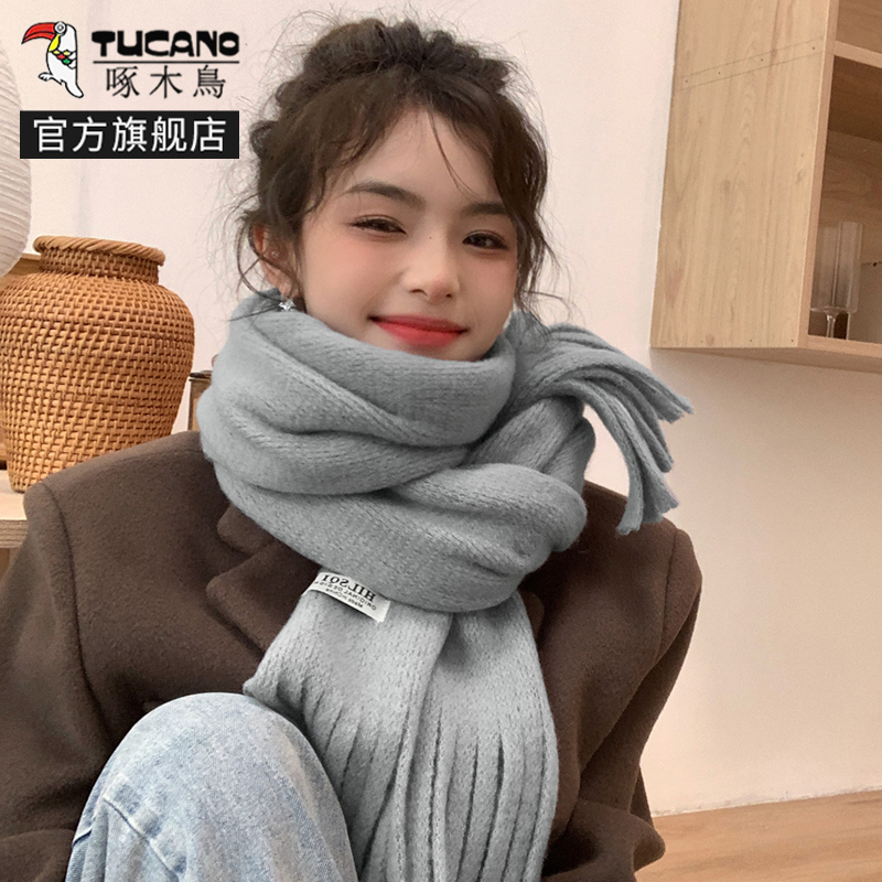 啄木鸟围巾女冬季韩版百搭纯色围脖女学生可爱加厚保暖高级感秋可高清大图