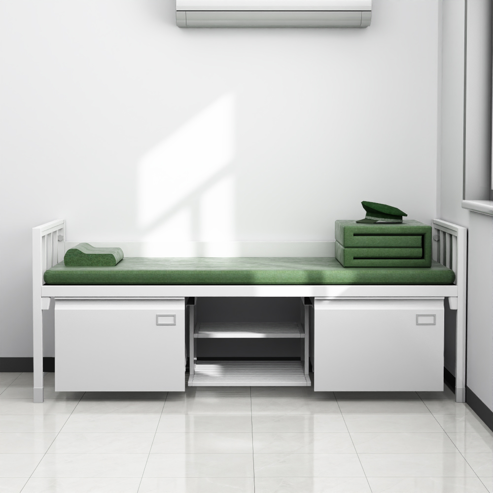 富路达钢制单人宿舍铁架床班用内务单层床士兵军营单人床带鞋柜高清大图