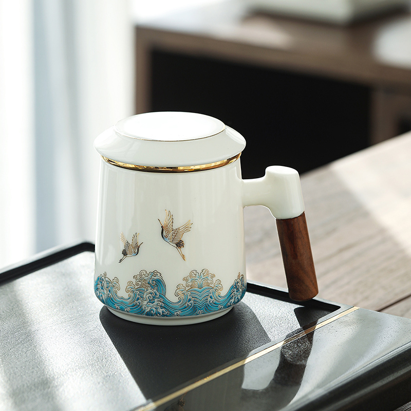 領藝 祥鹤观海茶杯茶水分离马克杯带盖过滤大容量办公室泡茶杯陶瓷功夫茶具国潮送礼 祥鹤观海木语办公杯礼盒装