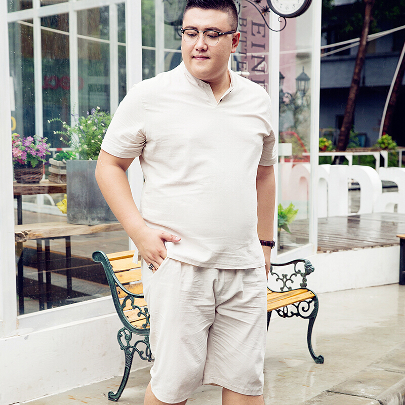 加肥加大休闲套装男装棉麻夏季薄款大码亚麻胖子大号宽松短裤短袖T恤肥佬两件套
