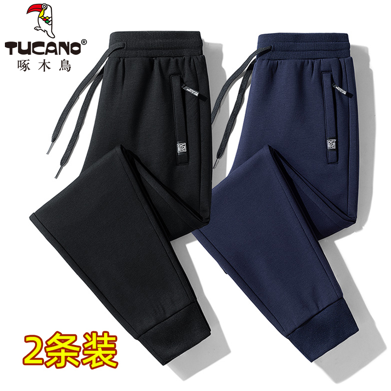 啄木鸟加绒加厚休闲裤男款秋冬季宽松直筒大码纯棉保暖束脚运动裤