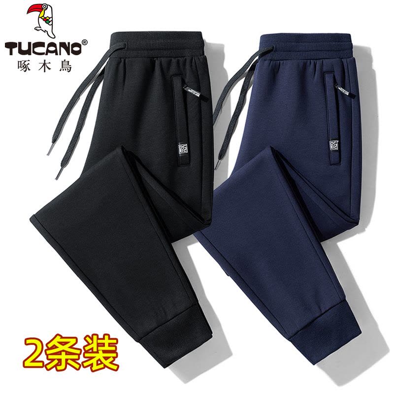 啄木鸟加绒加厚休闲裤男款秋冬季宽松直筒大码纯棉保暖束脚运动裤图片