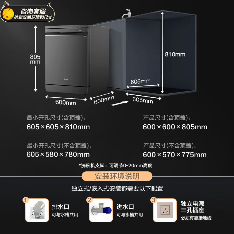 美的(Midea)GX1000S16套嵌入式洗碗机 五臂飓风洗 双驱变频 新一级水效 分层洗 三层碗篮 独立式两用