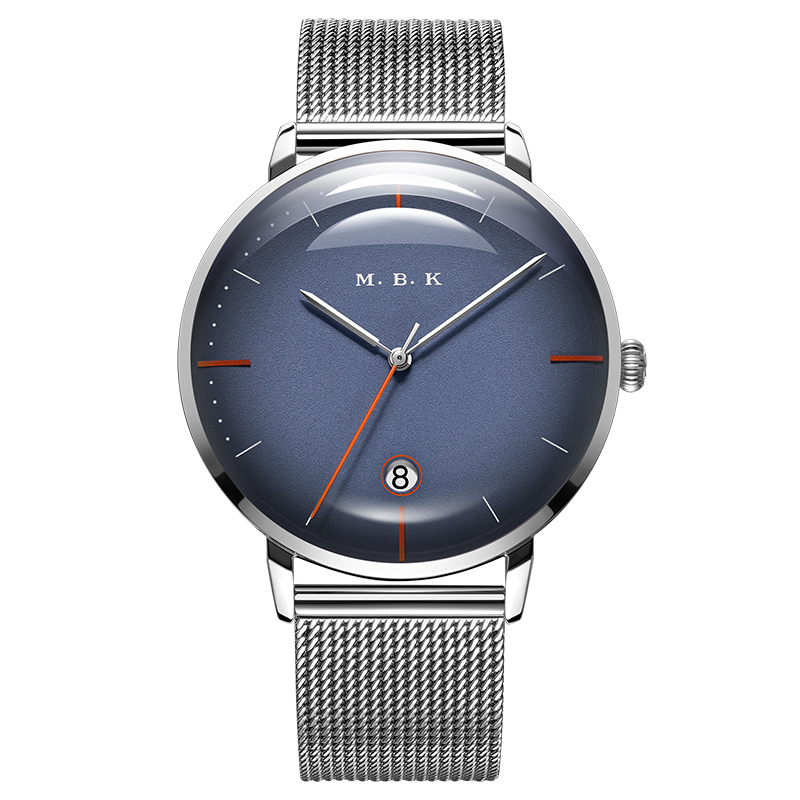 M.B.K欧美品牌手表商务全自动机械表 男士防水简约时尚镂空钢带机械手表皮带男表带日历款M1008G-1 蓝面红针钢带